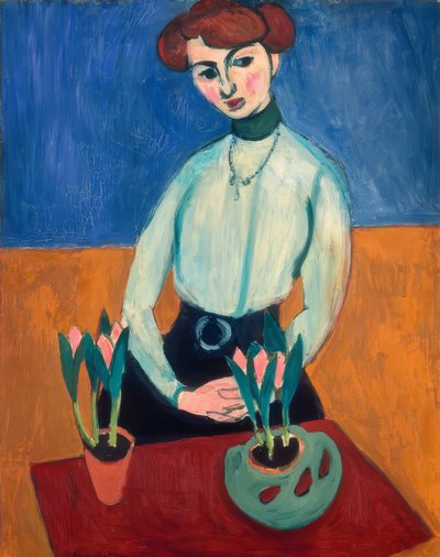 チューリップを持つ若い女性 作： Henri Matisse
