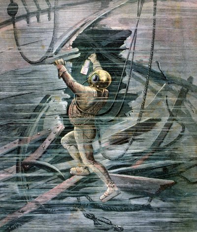 1892年、フランスのラアーブル港で沈没船を探しているダイバー 作： Henri Meyer