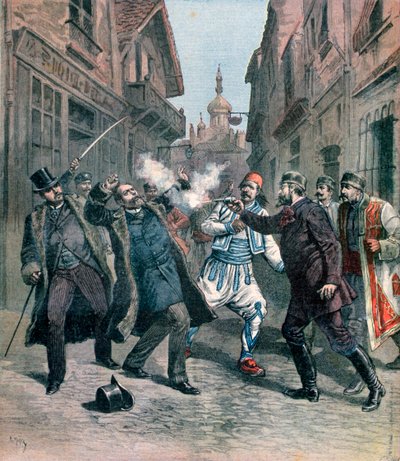 1891年ブルガリア、スタンブローフ氏の前でのMベルトシェフの暗殺 作： Henri Meyer