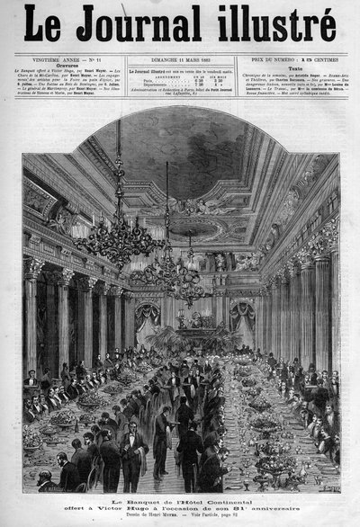 1883年、ヴィクトル・ユーゴーの81歳の誕生日にホテル・コンチネンタルで行われた宴会 - 1883年の『イラストレーション・ジャーナル』の表紙 - アンリ・マイヤー（1844-1899）によるドローイング 作： Henri Meyer