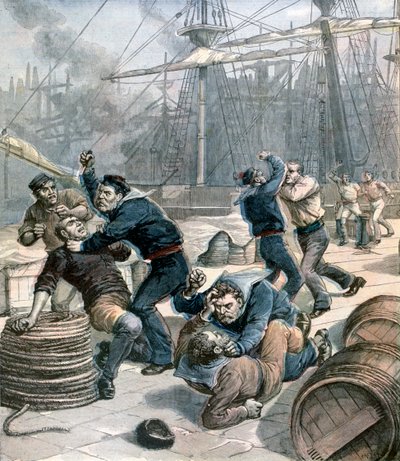1892年、ロンドンのミルウォールドックスでの英語とドイツ語の船員間の乱闘 作： Henri Meyer