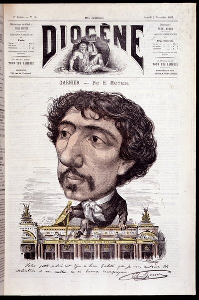 シャルル・ガルニエがオペラ・ガルニエの仕事場に座っている様子を描いた漫画（1867年11月2日付「ディオゲネス」掲載 作： Henri Meyer