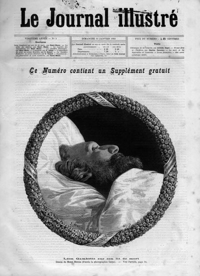 レオン・ガンベッタの死（1838-1882） フランスの政治家 - 1883年の「The Illustrous Journal」に掲載された死に際のレオン・ガンベッタ - アンリ・マイヤー（1844-1899）によるドローイング 作： Henri Meyer
