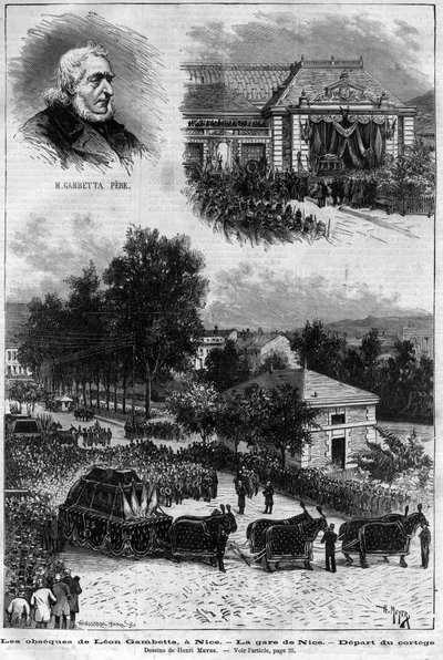 レオン・ガンベッタ（1838-1882）の死 - Les obseques de Leon Gambetta à Nice - la gare de Nice - depart du cortege - in the "Le journal illustrious" of 1883 - Henri Meyer (1844-1899) によるドローイング。 作： Henri Meyer