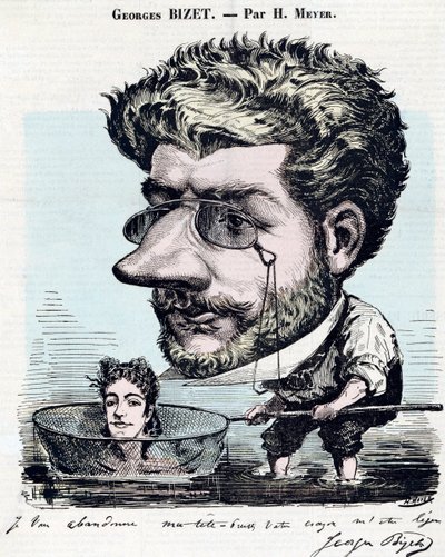 Georges Bizet (1838-1875), フランスの作曲家 - "Diogene "のためにHenri Meyer dit Reyem (1844-1899)が描いた、ビゼーの直筆サイン入りカリカチュア。 作： Henri Meyer