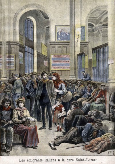 聖ラザロ駅でのイタリア移民（聖ラザロ）-『ペティティ・ジャーナル』1896年3月号にて 作： Henri Meyer