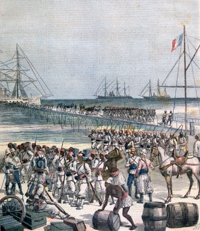 1892年、ベナンのコトヌーの新しい埠頭でのセネガル軍の着陸 作： Henri Meyer
