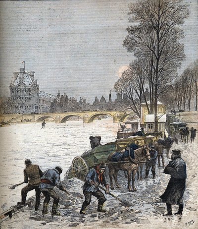 1895年の雪のパリ 1895年の小さな新聞（エングレーヴィング） 作： Henri Meyer