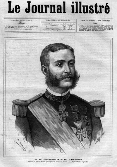 スペイン国王アルフォンソ12世（アルフォンス12世）（1857～1885年）の肖像 - 1883年の『幻想日記』の表紙 - アンリ・マイヤー（1844～1899年）によるドローイング 作： Henri Meyer