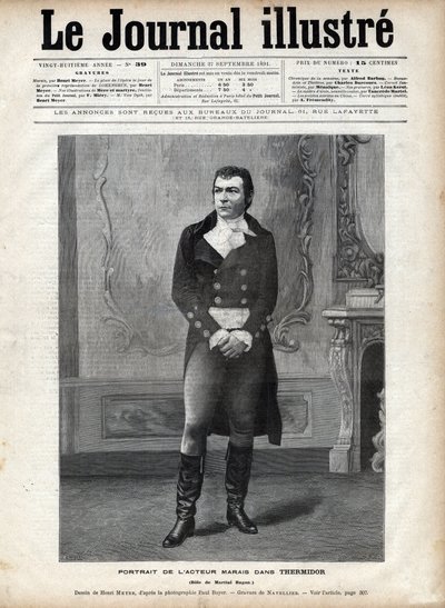 マルシャル・ヒューゴン役のヴィクトール・サルドゥによる「テルミドール」でのレオン・マレ（1853-1891）の肖像 - アンリ・マイヤーによるデッサン、1891年の「幻想日記」でのナヴェリエによるエングレービング 作： Henri Meyer