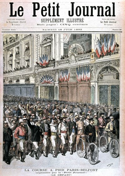 1892年6月18日の「Le petit journal」に掲載された、プチジャーナルが主催したパリ-ベルフォール間のランニングに参加した群衆のスタート。 作： Henri Meyer