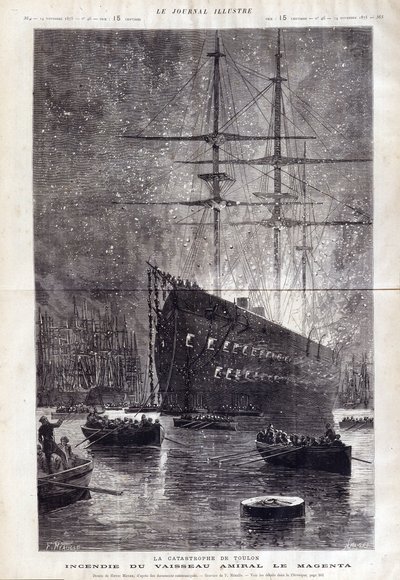 トゥーロンの惨事：旗艦 "Le Magenta "の火災-"Le Journal Illustrousse "1875年掲載 作： Henri Meyer