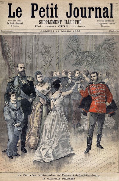 1893年、サンクトペテルブルクのモンテベロ伯爵フランス大使のもとにいる皇帝アレクサンドル3世。オナーの格子。1893年の「ル・プチ・ジャーナル」の表紙（エングレービング 作： Henri Meyer