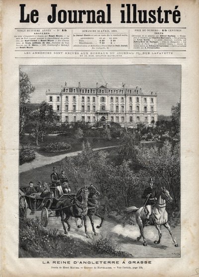 1891年4月、フランスでの英国女王ヴィクトリア。グラースの散歩 - 1891年4月にフランスのグラースを訪れたヴィクトリア女王 - 1891年の「The Illustrous Journal」の表紙 - アンリ・マイヤー（1844-1899）によるドローイング 作： Henri Meyer