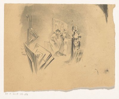 スタジオで版画を見る 3 人の女性 作： Henri Patrice Dillon (possibly)