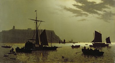 スカボロー城の丘と月、1876年の港 作： Henri Philippe Neumans