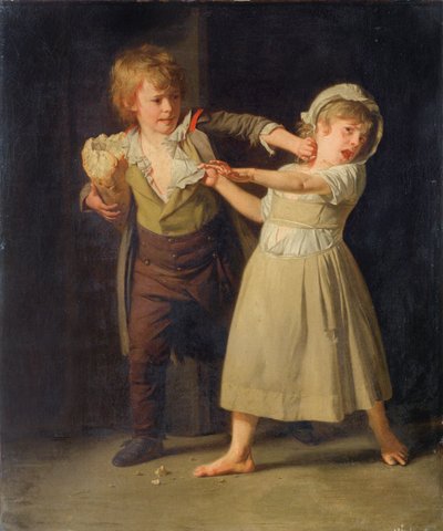 一切れのパンをめぐって争う二人の子供 作： Henri-Pierre Danloux