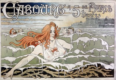 エミリエンヌ・ダランソンは、カブール近くの海で彼女の崇拝者に追われました 作： Henri Privat Livemont
