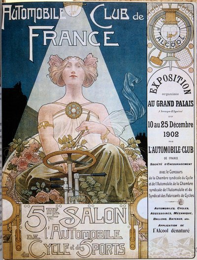 1902年にパリのグラン・パレで開催された第5回モーターショーにおけるフランス自動車クラブのポスター、Henri Privat-Livemont（1861-1936）のイラスト、Versailles, Municipal Library - 第5回モーターショーにおけるフランス自動車クラブのポスター。 作： Henri Henri Antoine Théodore Livemont