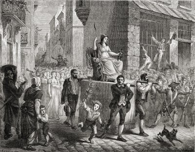 理由の女神の行列、1793年11月10日、ルイブラン（1811-82）の「歴史革命フランチャイズ」から、マイヤーハイネ、1847-62によって彫刻 作： Henri Renaud