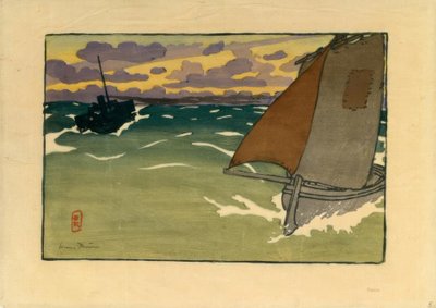 ボートと蒸気船 (Saint-Briac) 作： Henri Rivière