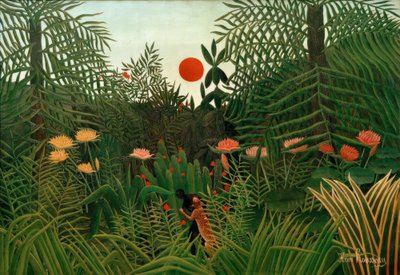 夕暮れ時の原生林。 ヒョウに襲われるブラック 作： Henri Rousseau