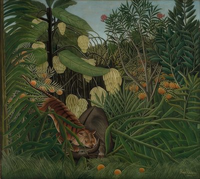 トラとバッファローの間で戦います。 1908 作： Henri Rousseau