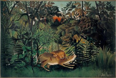 空腹のライオンがカモシカに襲いかかる 作： Henri Rousseau