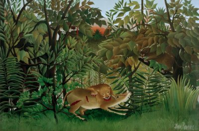 空腹のライオンがカモシカに襲いかかる 作： Henri Rousseau