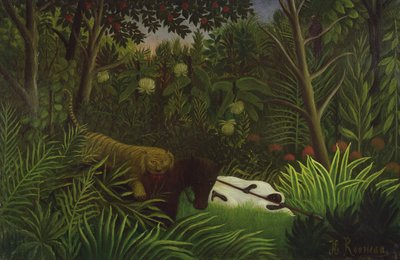 馬と眠っている黒人男性を攻撃する虎 作： Henri Rousseau