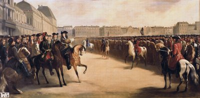 ロシア皇帝ピョートル1世（1672-1725）が摂政のオルレアン公フィリップ2世（1674-1723）を伴ってフランスを訪問した際、1717年6月16日にチュイルリー（パリ）で騎馬軍団を閲兵した際の様子。 作： Henri Serrur