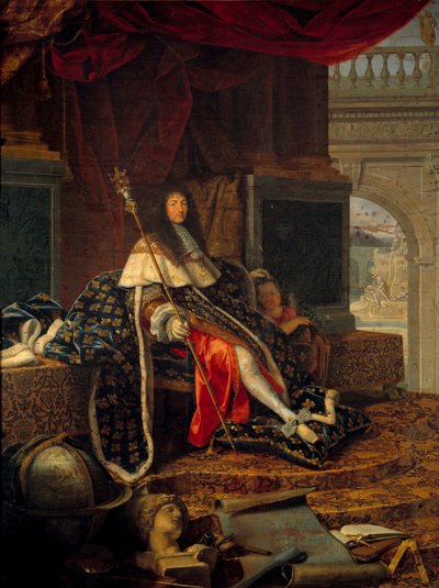 ルイ14世（1638 - 1715）フランス王、王立絵画・彫刻アカデミーの保護者、シャルル5世（シャルルマーニュの父）の笏を持つ肖像。アンリ・テステリン（1616-1695）による絵画 作： Henri Testelin