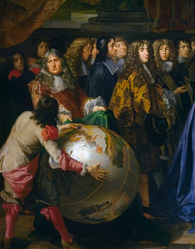 地球儀、1667 年に王立科学アカデミーのメンバーをルイ 14 世に紹介するジャン＝バティスト・コルベールの詳細、キャンバスに油彩、アンリ・テステリン (1616-1695)、cm 348x590、フランス 作： Henri Testelin