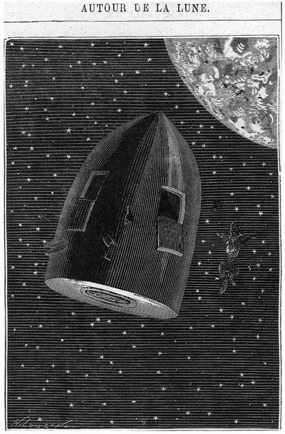 月へ向けて出発、ジュールヴェルヌ（1828〜1905）による「月の周り」のイラストパリ、ヘッツェル 作： Henri Theophile Hildibrand