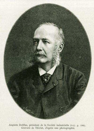 オーギュスト・ドルファス、産業会社ドルフ・ミエッグの社長。1885年、ドイツ人旅行者シャルル・グラッドが、エドゥアール・シャルトン（1807）の指揮の下、1886年のツアー・デュ・モンドに掲載した「アルザスとロレーヌを通って」という物語を説明するために、ティリアットが描いた版画。 作： Henri Thiriat