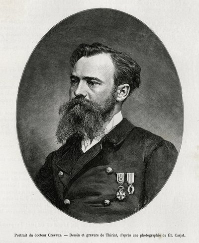 ジュール・ニコラ・クレヴォー博士（1847-1882）の肖像。彼は医師であり、南アメリカ（フランス領ギアナからアルゼンチンまで）の探検家であり、旅先で出会った人々の道徳や歴史の研究に関心を持ち、多くの書籍を再編集した。 作： Henri Thiriat