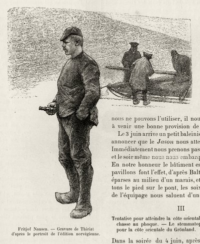 Fridtjof Nansen (1861-1930) ノルウェーの極地探検家の肖像。1888年、Fridtjof Nansen（1861-1930）の「La premiere traversee du Greenland」の挿絵としてThiriatが描いた版画。 作： Henri Thiriat
