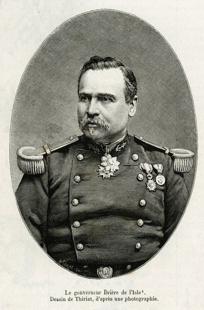 フランスの将軍であり、植民地管理者であったルイ・ブリエール・ド・リズール総督（1827-1896）の肖像。1880年から1881年にかけて海兵隊歩兵中佐ガリエニが行ったオー・ニジェールでの探検の物語を説明するために、ティリアットが描いたエングレーヴィングである。 作： Henri Thiriat
