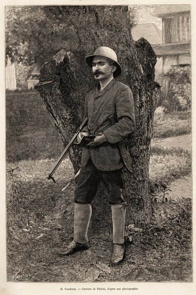 地理学の教授であり、アマゾン（ブラジル）の探検家であったHenri Coudreau（1859-1899）の肖像。Thiriatによる「chez nos indiens, quatre annees de voyage dans la Guiane francaise」という物語のためのエングレーヴィング。 作： Henri Thiriat