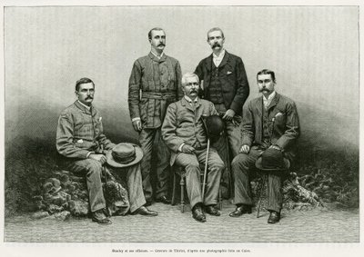 ヘンリー・モートン・スタンレー（ジョン・ローランズ 1841-1904）の肖像は、左から役員たちを囲むように描かれている。左からトーマス・ヘイズル・パーク博士（1857-93）、ロバート・H・ネルソン、ウィリアム・G・ステアーズ、アーサー・J・M・ジェフソン。Dans les tenebr」の物語を説明するためのThiriatの版画。 作： Henri Thiriat