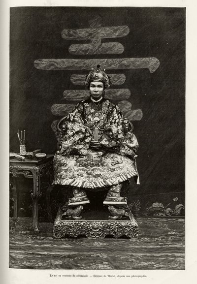 アンナムの皇帝ドンカン王（1864-1889）の肖像。1885年にCharles Edouard Hocquard（1853-1911）が書いた「Trente mois au Tonkin」の挿絵をThiriatが描いたもので、「Le tour du monde, nouveau journal des voyages」に掲載されています。 作： Henri Thiriat