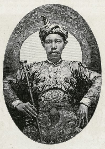1880年、ソウルー（またはスールー）（フィリピン）のスルタン、モハメド・ヤマルル・アラムの肖像。物語「フィリピンへの旅」のためのティリアットによるエングレーヴィング 作： Henri Thiriat