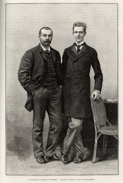 物語の著者である探検家ガブリエル・ボンヴァロ（1853-1933）と航海の写真家であるアンリ・ドルレアン王子（1867-1901）のポートレイト。ガブリエル・ボンヴァロ（18歳）の「パリからトンキンへ、未知のチベットを通って」という物語を説明するための、ティリアットによるエングレーヴィング。 作： Henri Thiriat