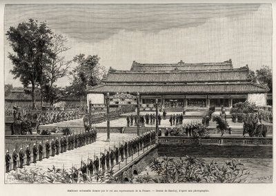 アンナムの皇帝ドンカン王（1864-1889）がフエ（ベトナム）の帝都でフランスの代表に与えた厳粛な謁見。Charles Edouard Hocquard（1853-191）博士の物語「トンキンの時間」を説明するためのThiriatの版画。 作： Henri Thiriat