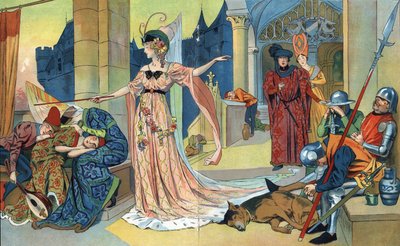 料金は城の住人を魔法の杖で呪文を唱え、王女と同じくらい眠らせます。 シャルル・ペロー (1628-1703) の物語 (眠れる森の美女) 挿絵 アンリ・ティリエ (1873-1946)。 1930年頃 作： Henri Thiriet