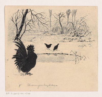凍った水たまりの近くのアヒル、鳥、オンドリ 作： Henri Verstijnen