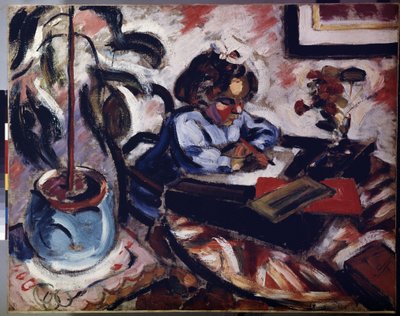 ""La petite ecoliere"" (A Little Schoolgirl) 学校の宿題をしている小さな女の子。 Henri Victor Gabriel Le Fauconnier (1881-1946) による絵画 1907 Dim. 73x92 cm エルミタージュ美術館、サンクトペテルブルク (サンクトペテルブルク) 作： Henri Victor Gabriel Le Fauconnier