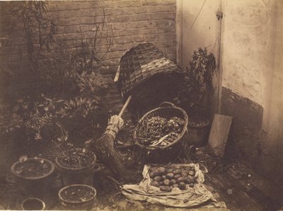 [わら籠、ほうき、袋を開けたジャガイモと鉢植えのある静物]。 作： Henri Victor Regnault