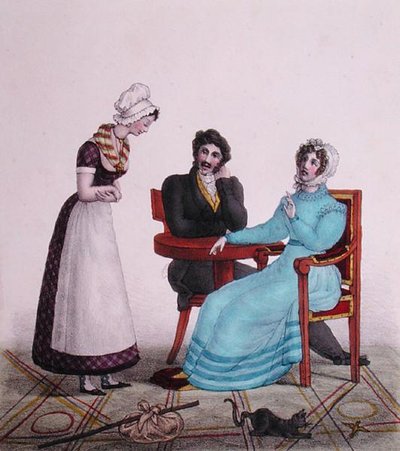 そして何よりも良い子でいてね！」、メイドが出かける前に話しているカップルの風刺画、1820年～30年頃（カラーリトグラフ） 作： Henri Villain