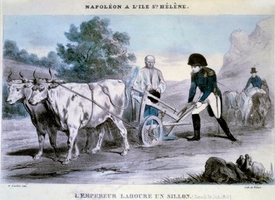 ナポレオン1世 (1769-1821) a Saint Helene: the emperor plows a furrow (30/06/1816) Lithography of Villain.1816年 イル・デ・ゼ、ナポレオニエン美術館 作： Henri Villain